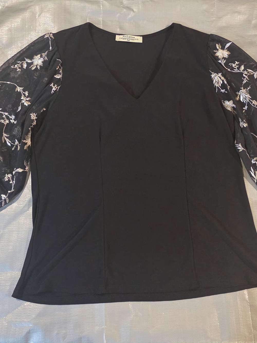 PerSeption Black V-Neck with Embroidered 3/4 Sheer Sleeves